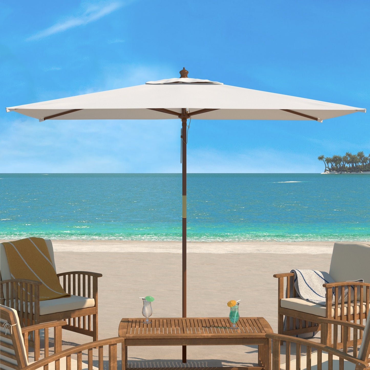 Ombrellone da mercato con puleggia in legno da 11 piedi Glauca da esterno SAFAVIEH