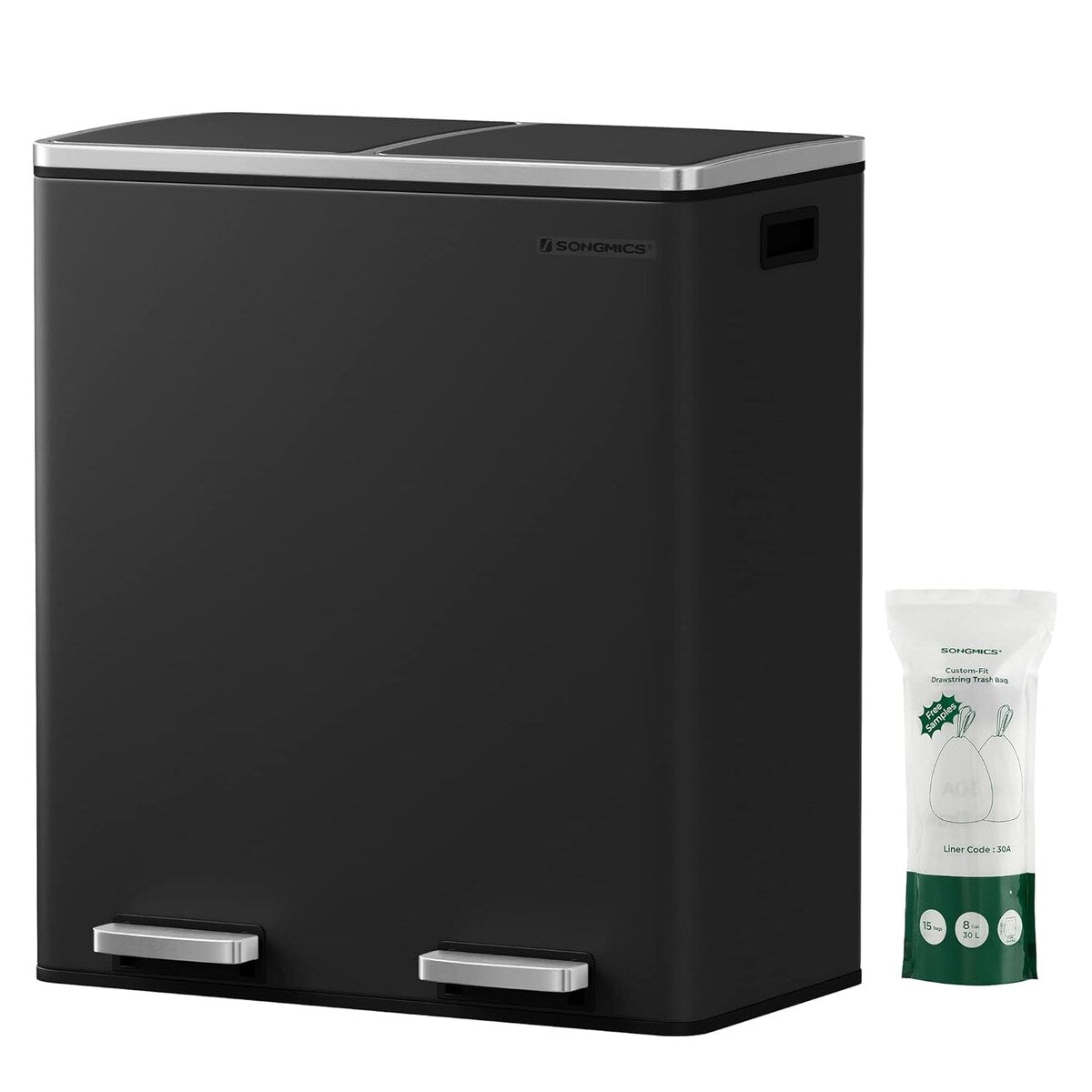Pattumiera doppia SONGMICS, pattumiera in acciaio inox da 16 galloni, nera