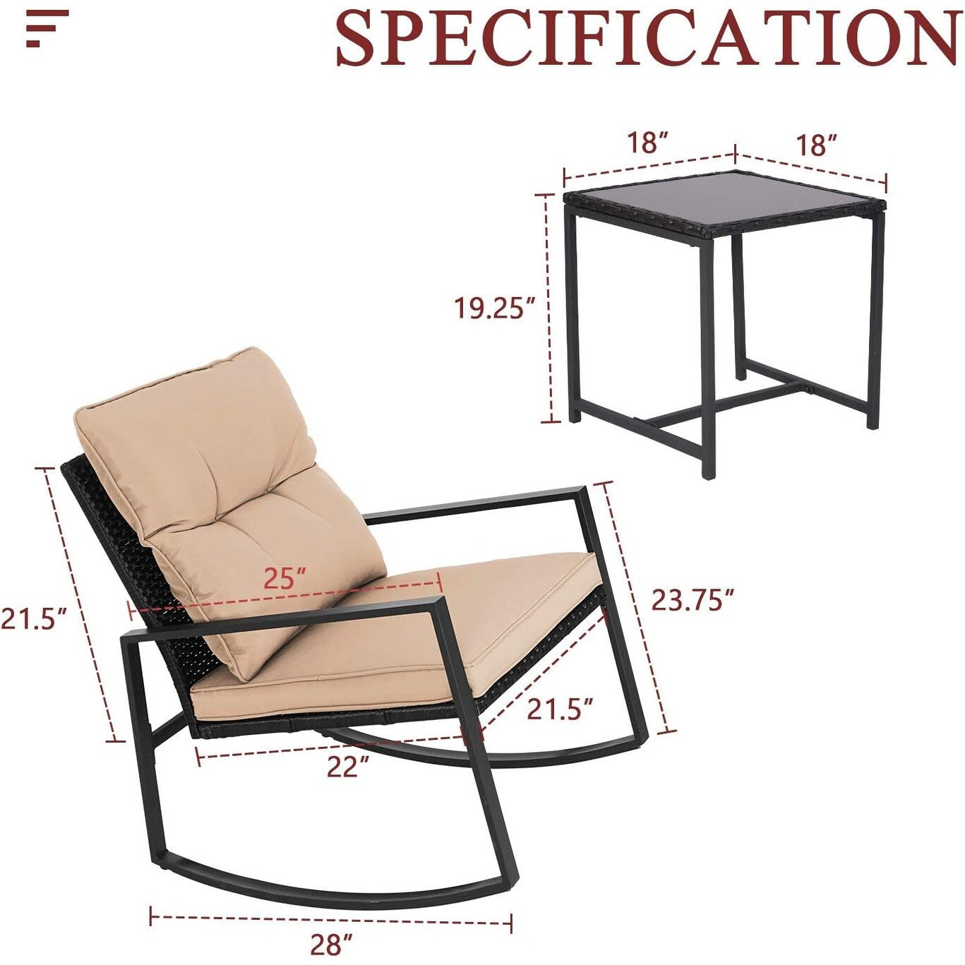 Set da bistrot a dondolo per patio da esterno in metallo nero SUNCROWN da 3 pezzi