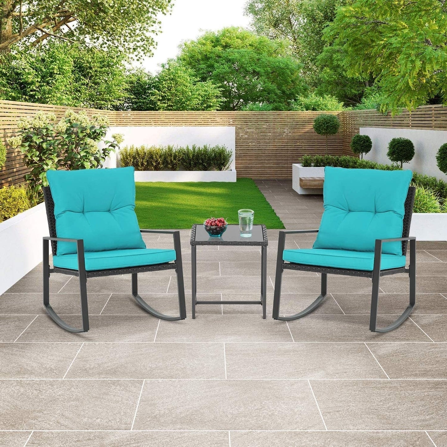 Set da bistrot a dondolo per patio da esterno in metallo nero SUNCROWN da 3 pezzi