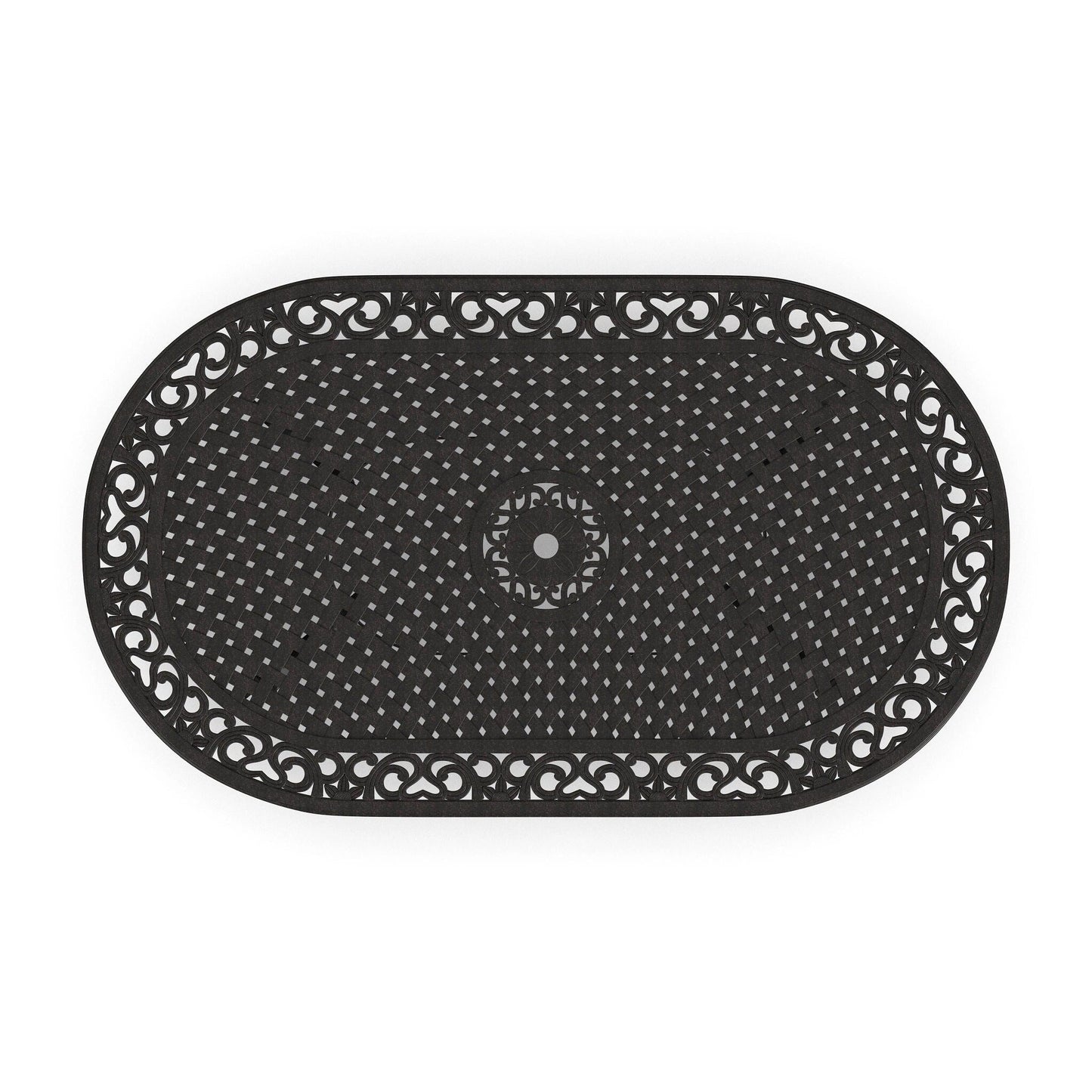 Set da pranzo per esterni Sanibel in alluminio color bronzo da 7 pezzi con tavolo da pranzo ovale da 72 pollici e sei poltrone di Homestyles