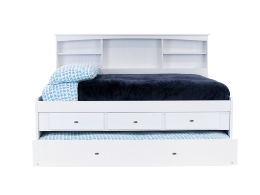 Divano letto con libreria bianca completa