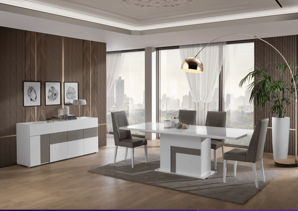 Collezione di sedie da pranzo Lux in pelle Laqour bianco lucido e finta tortora