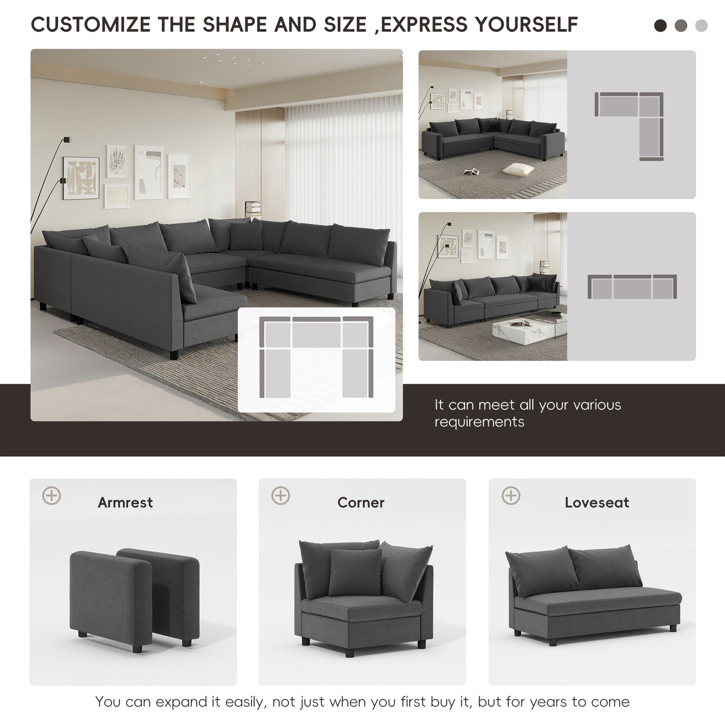 Divano componibile, set di divani reversibili in ciniglia a forma di U, combinazione libera, divano convertibile oversize da 8 posti