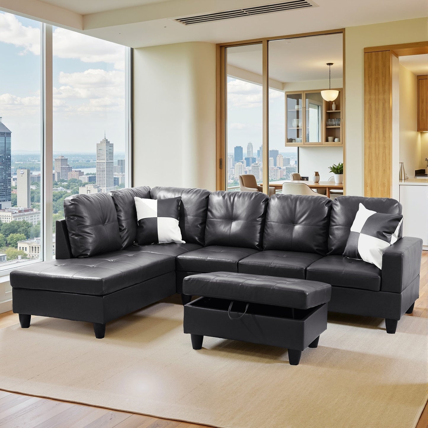 Divano per soggiorno in pelle sintetica semi-PU, 3 pezzi