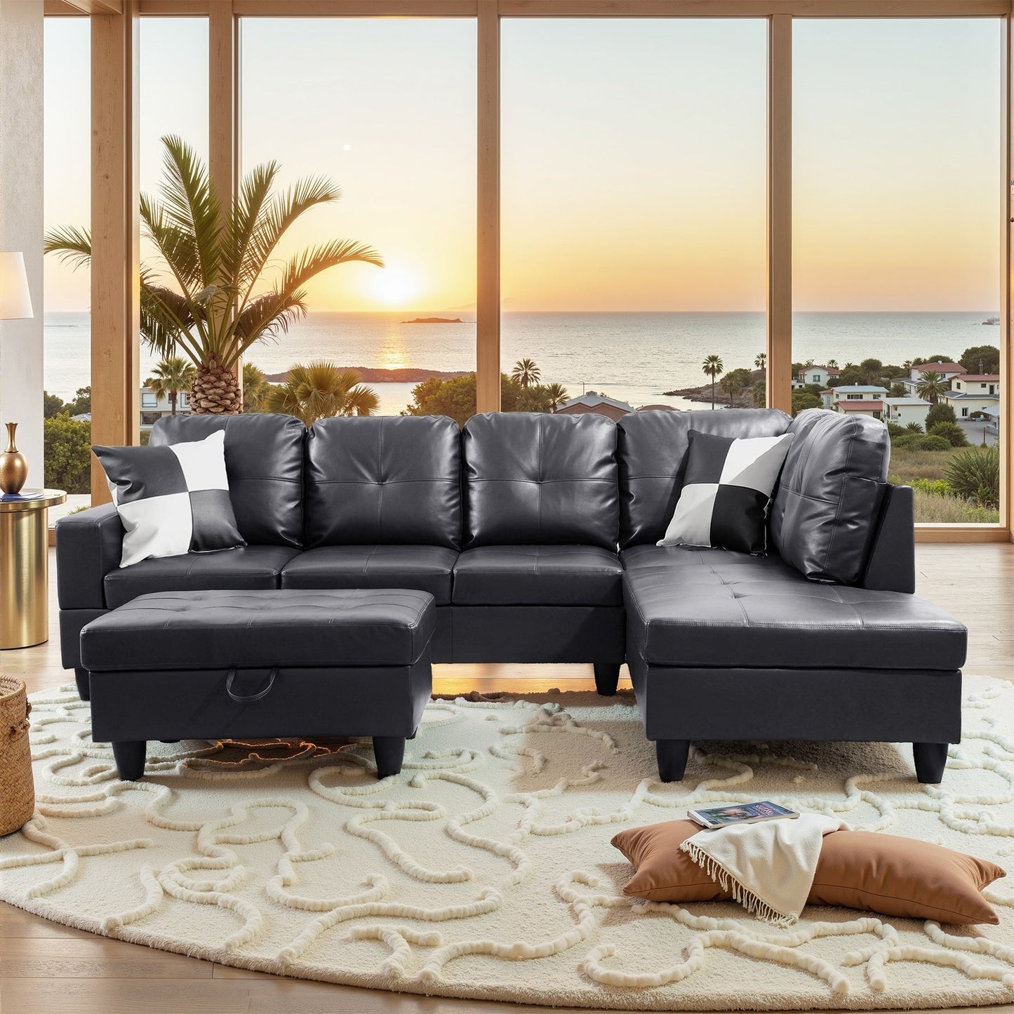 Divano per soggiorno in pelle sintetica semi-PU, 3 pezzi