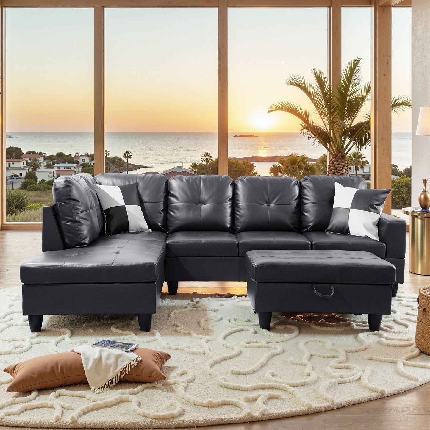 Divano per soggiorno in pelle sintetica semi-PU, 3 pezzi