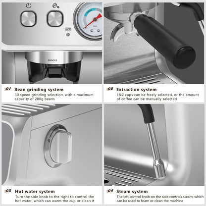 Macchina da caffè semiautomatica con controllo intelligente della temperatura e funzione acqua calda, 30 impostazioni di macinatura