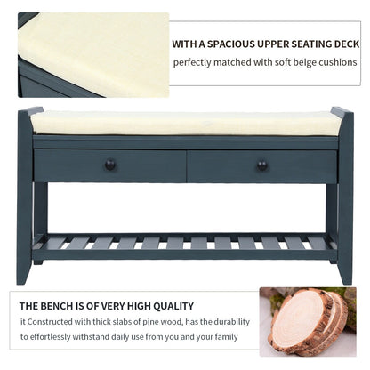 Scarpiera con seduta imbottita e cassetti, panca portaoggetti multiuso, blu navy anticato - 39L x 14W x 19,8H