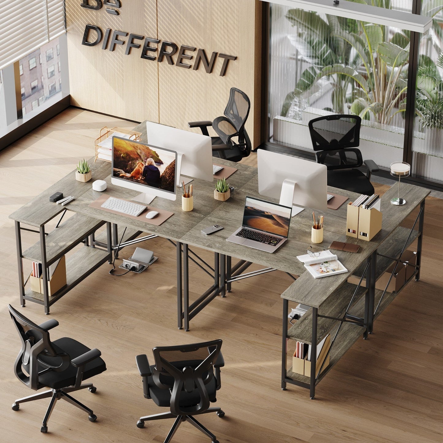 Piccola scrivania a L con ripiani portaoggetti, scrivania angolare per computer