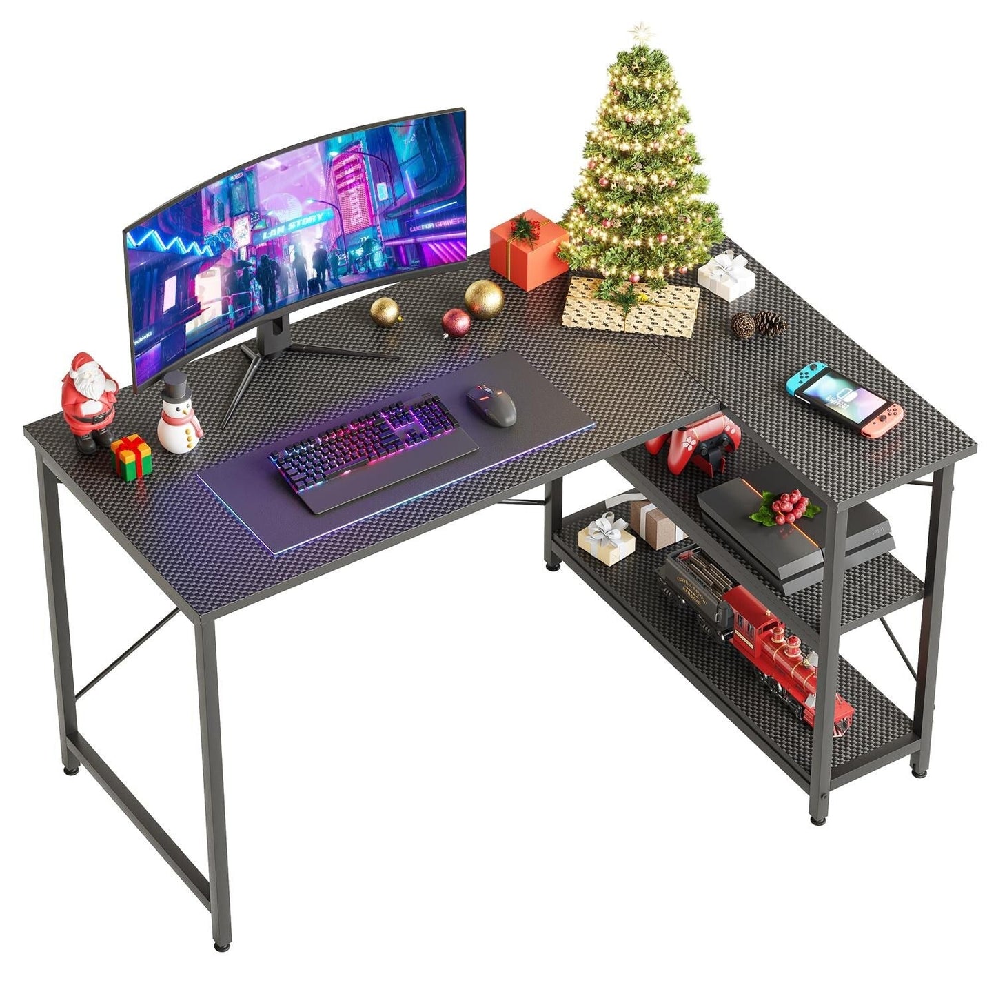 Piccola scrivania a L con ripiani portaoggetti, scrivania angolare per computer