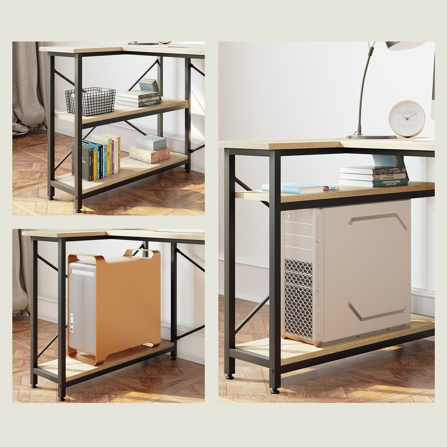 Piccola scrivania a L con ripiani portaoggetti, scrivania angolare per computer