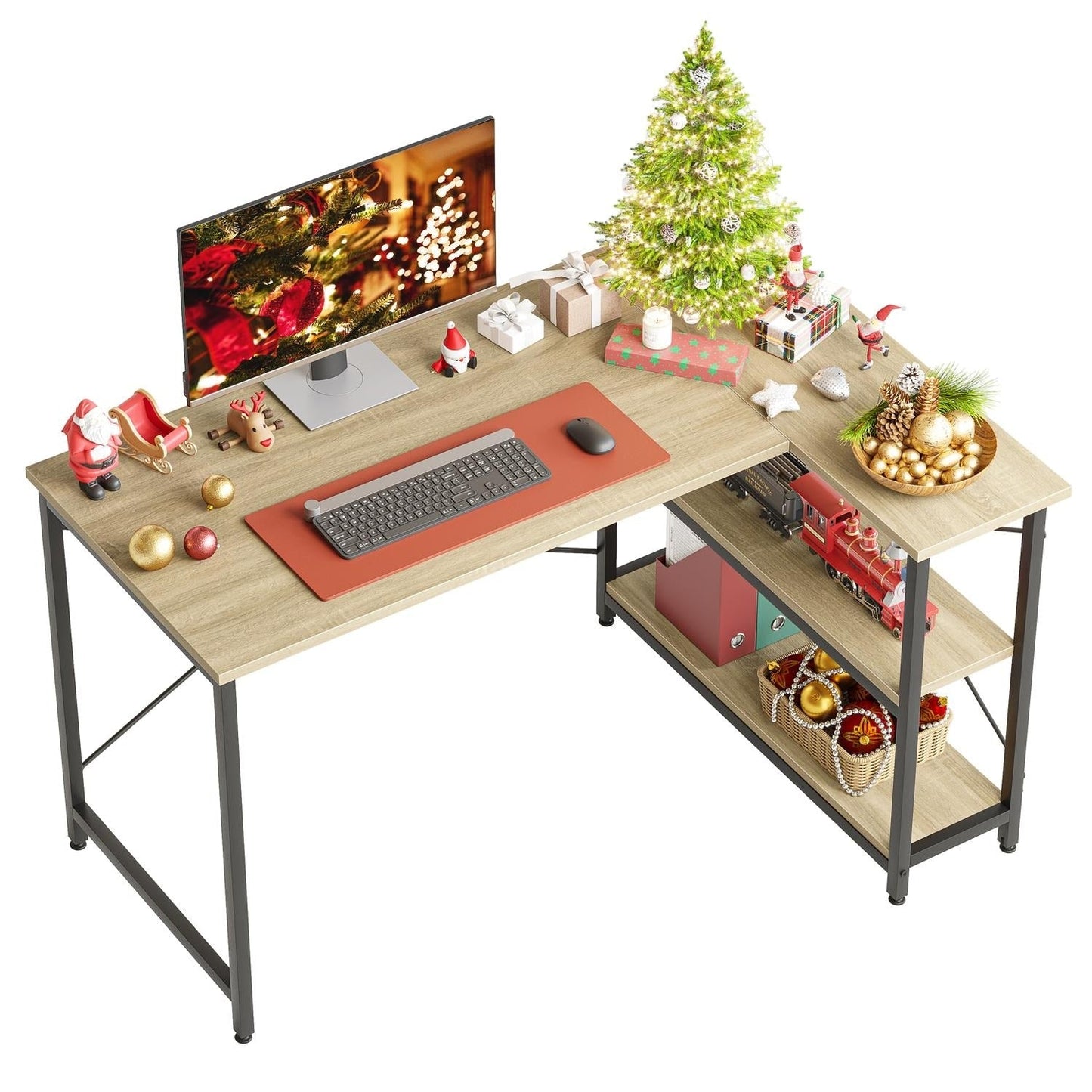 Piccola scrivania a L con ripiani portaoggetti, scrivania angolare per computer