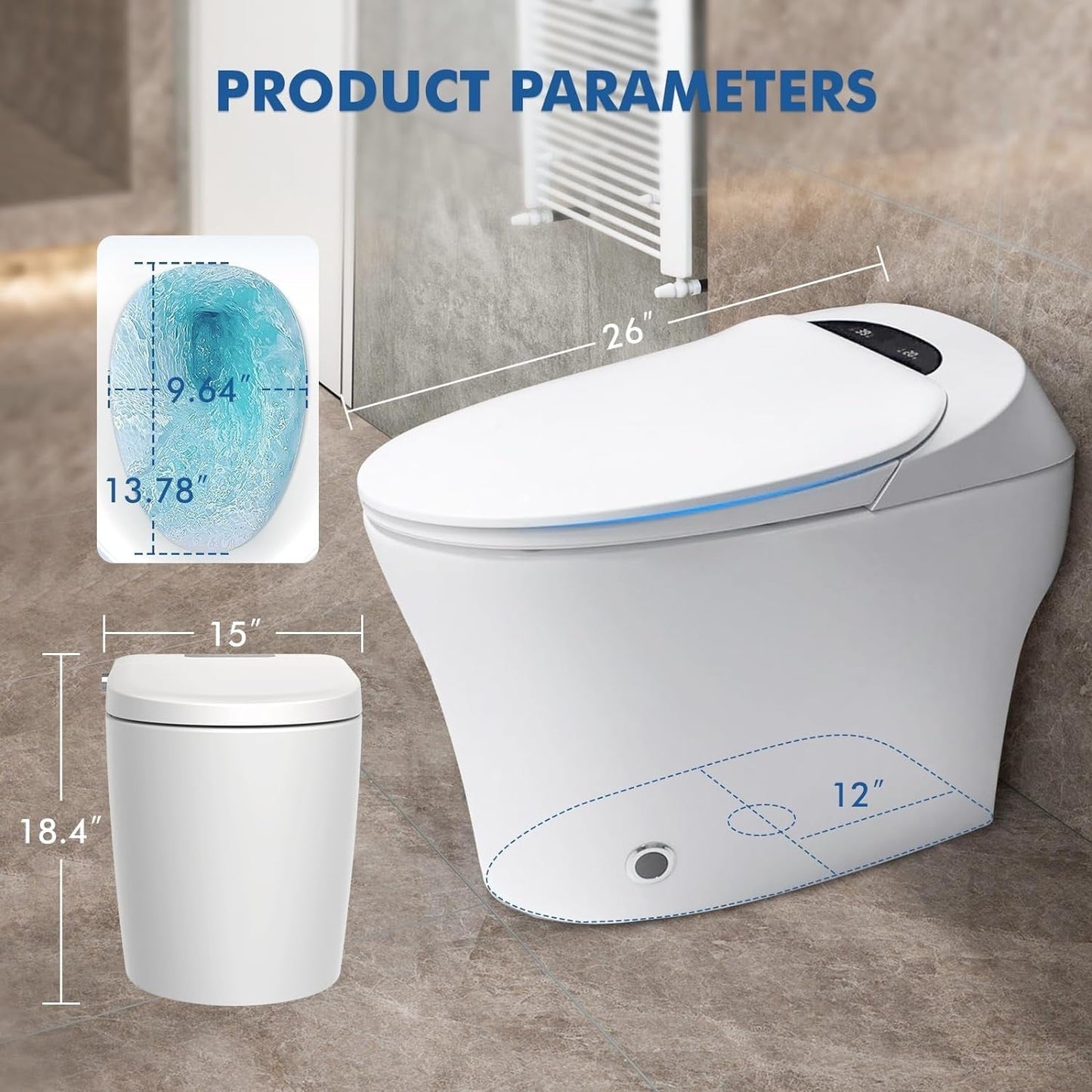 WC intelligente, WC bidet monoblocco per bagni, WC moderno allungato con acqua calda, doppio scarico automatico, funzionamento con sensore a pedale