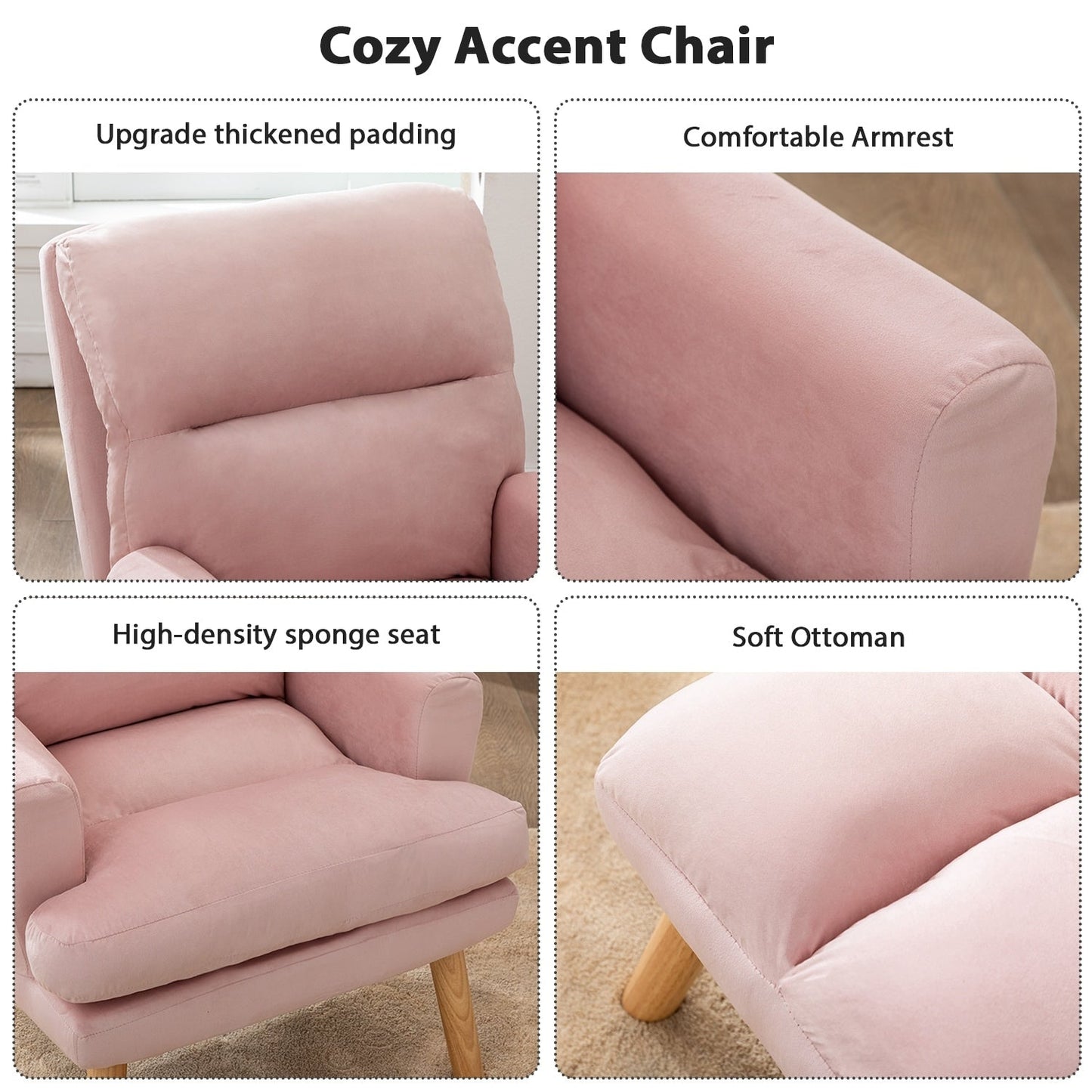 Poltrona da soggiorno casual in tessuto morbido con schienale e gambe regolabili