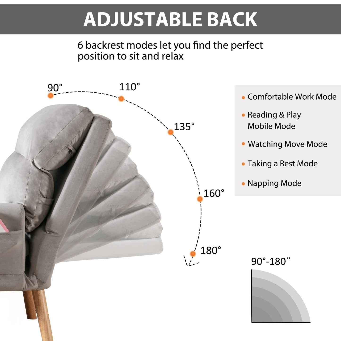 Poltrona da soggiorno casual in tessuto morbido con schienale e gambe regolabili