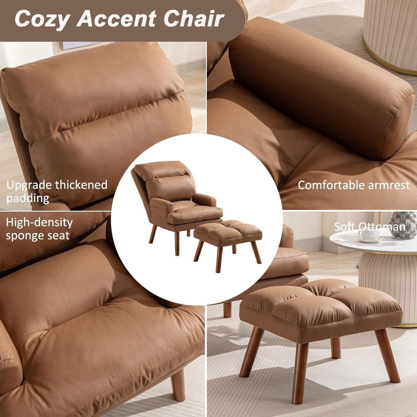 Poltrona da soggiorno casual in tessuto morbido con schienale e gambe regolabili