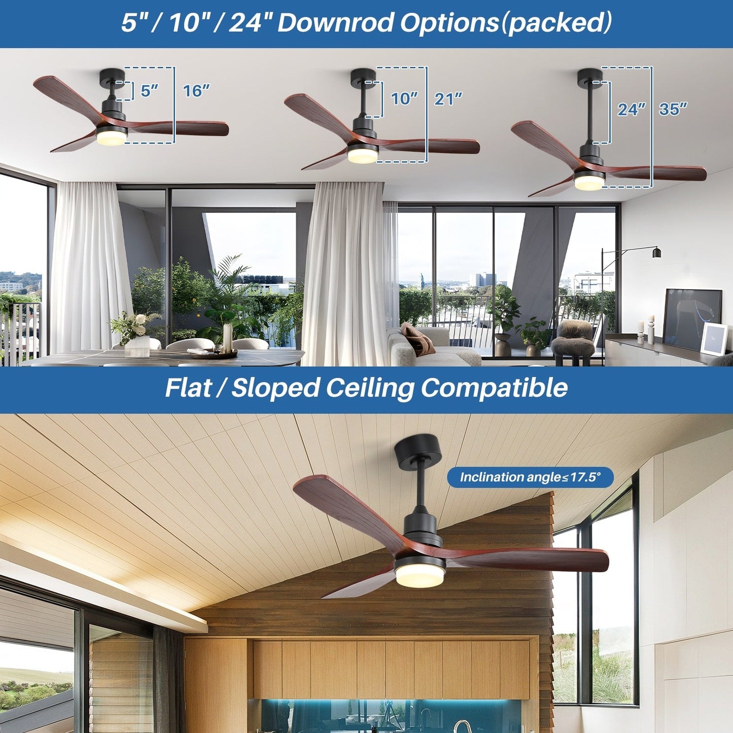 Ventilatore da soffitto in legno per interni Sofucor 52 con telecomando, luce integrata opzionale
