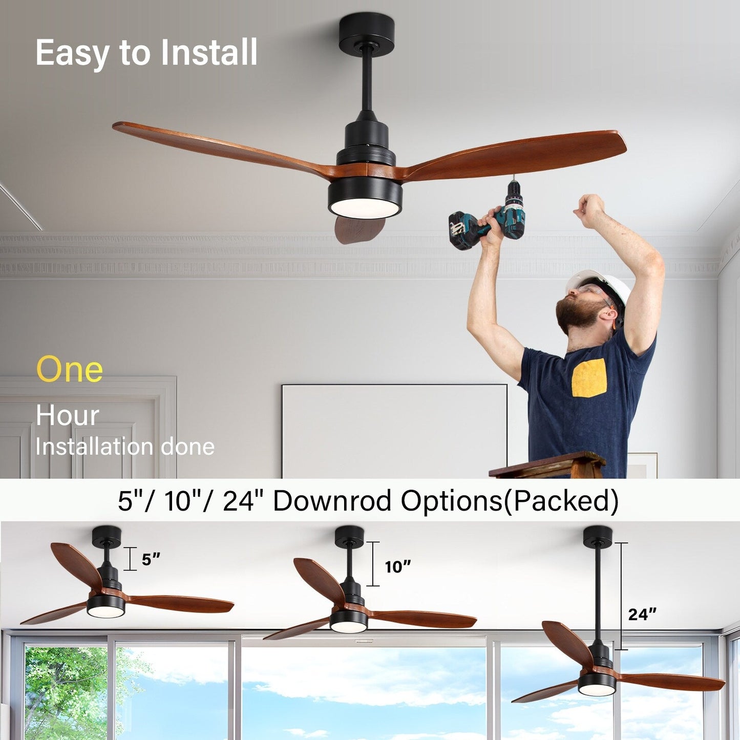 Ventilatore da soffitto in legno per interni Sofucor 52 con telecomando, luce integrata opzionale