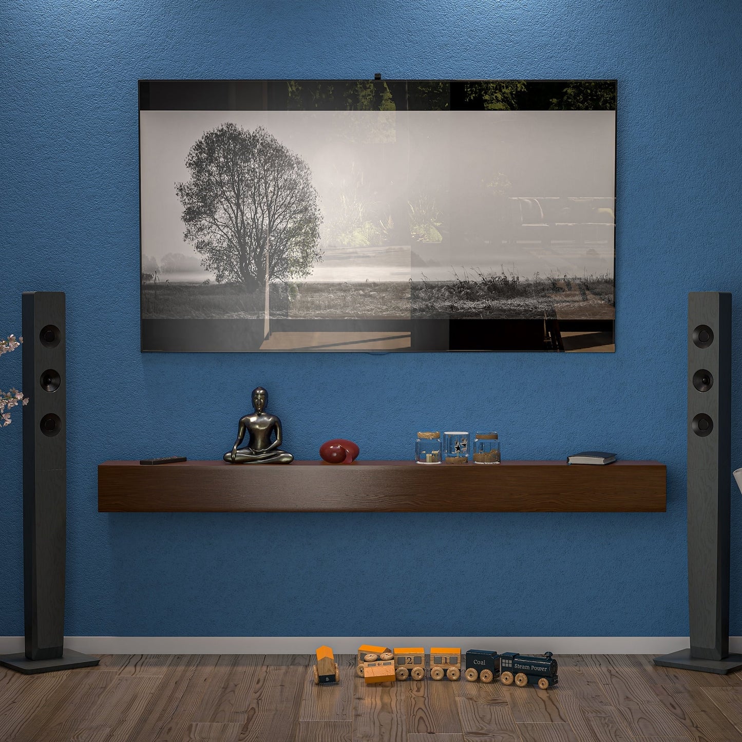 Mensola sospesa per camino in pino massello da parete