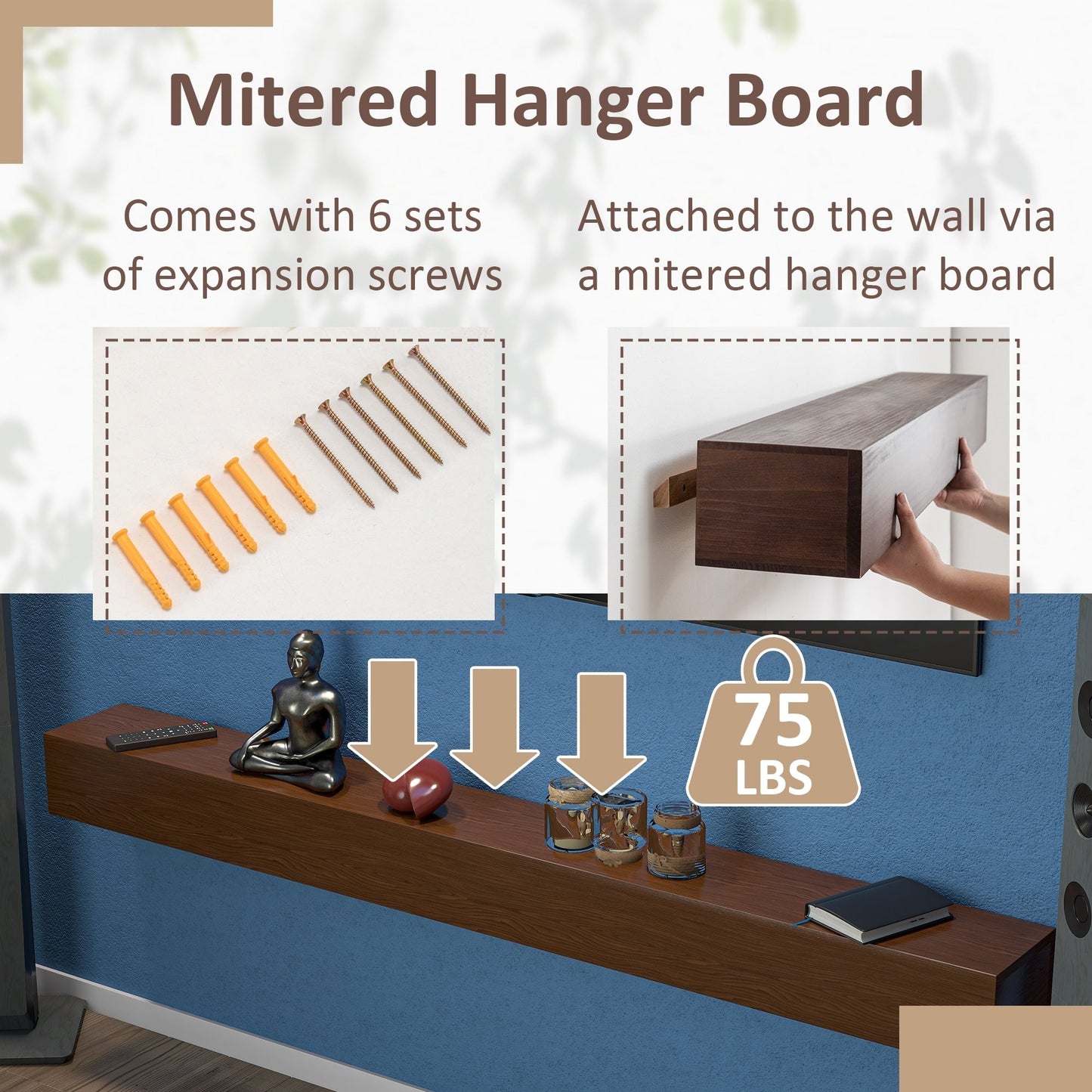 Mensola sospesa per camino in pino massello da parete