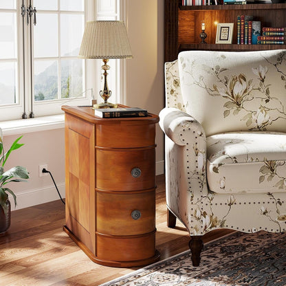 Tavolino laterale in legno massello, tavolino stretto a due cassetti sottile