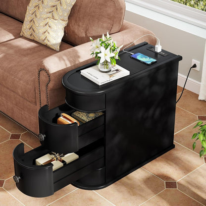 Tavolino laterale in legno massello, tavolino stretto a due cassetti sottile