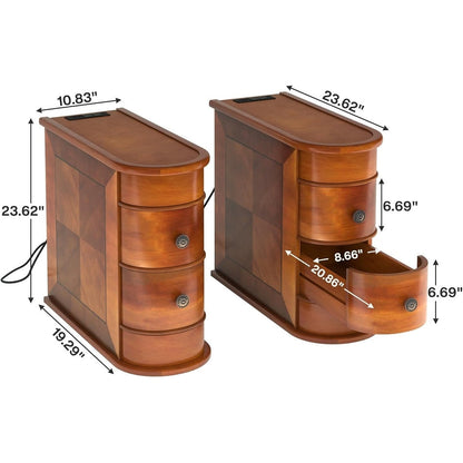 Tavolino laterale in legno massello, tavolino stretto a due cassetti sottile