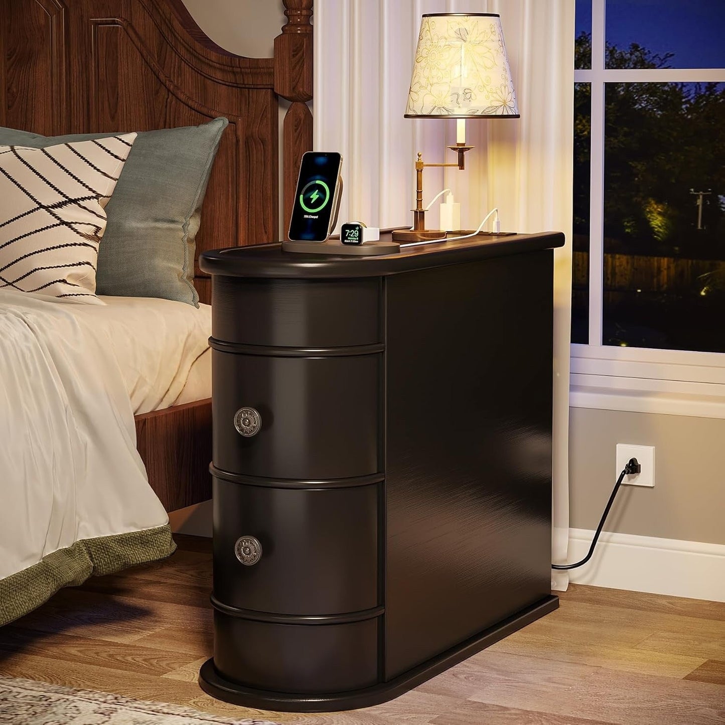 Tavolino laterale in legno massello, tavolino stretto a due cassetti sottile