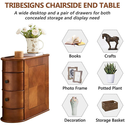 Tavolino laterale in legno massello, tavolino stretto a due cassetti sottile