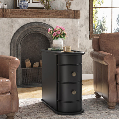 Tavolino laterale in legno massello, tavolino stretto a due cassetti sottile