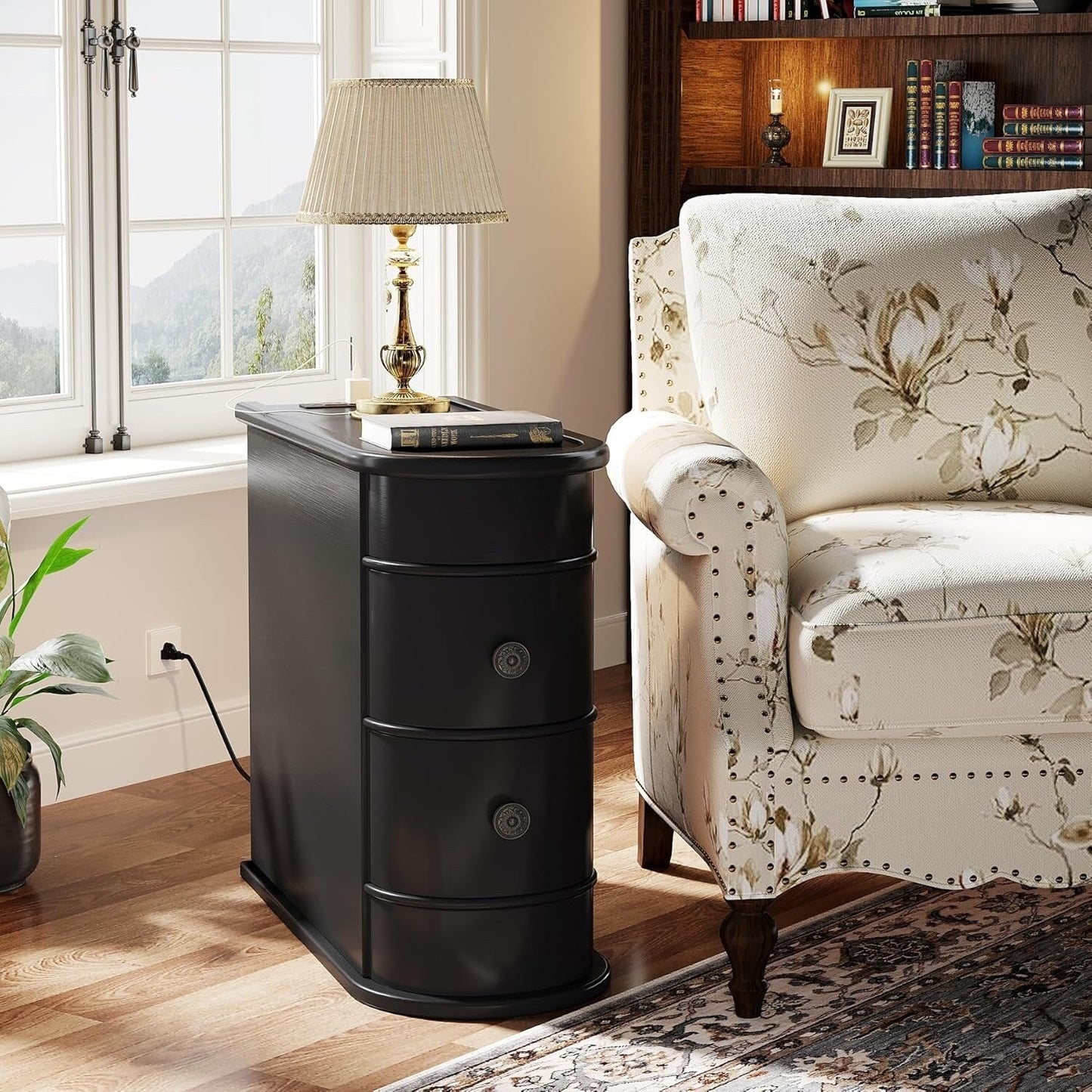 Tavolino laterale in legno massello, tavolino stretto a due cassetti sottile