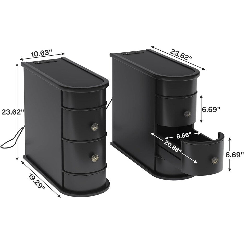 Tavolino laterale in legno massello, tavolino stretto a due cassetti sottile