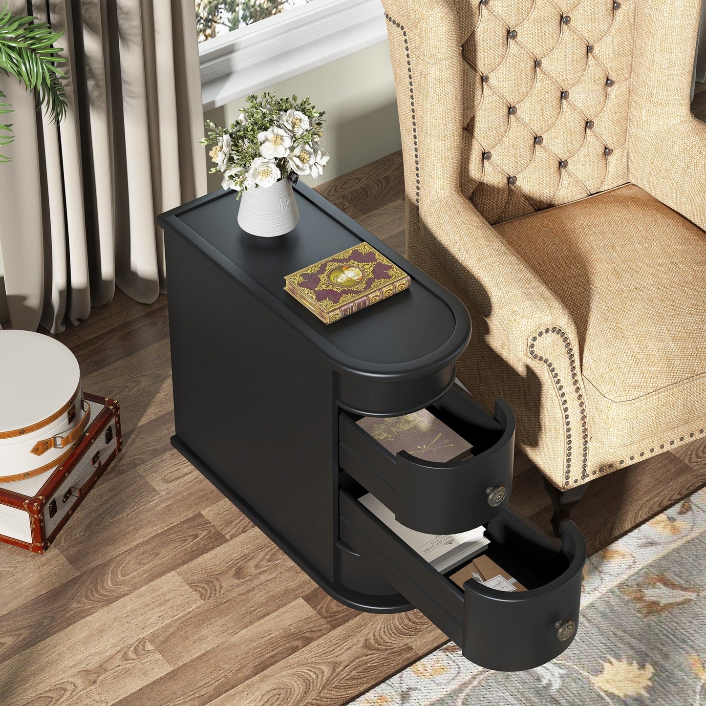 Tavolino laterale in legno massello, tavolino stretto a due cassetti sottile