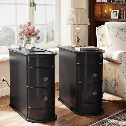 Tavolino laterale in legno massello, tavolino stretto a due cassetti sottile