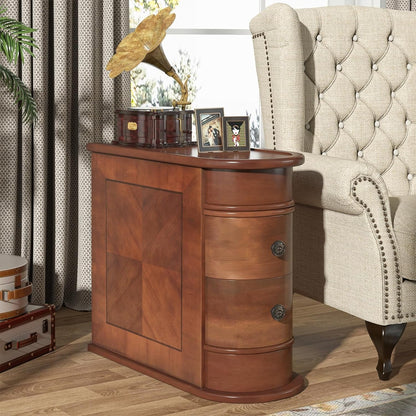 Tavolino laterale in legno massello, tavolino stretto a due cassetti sottile