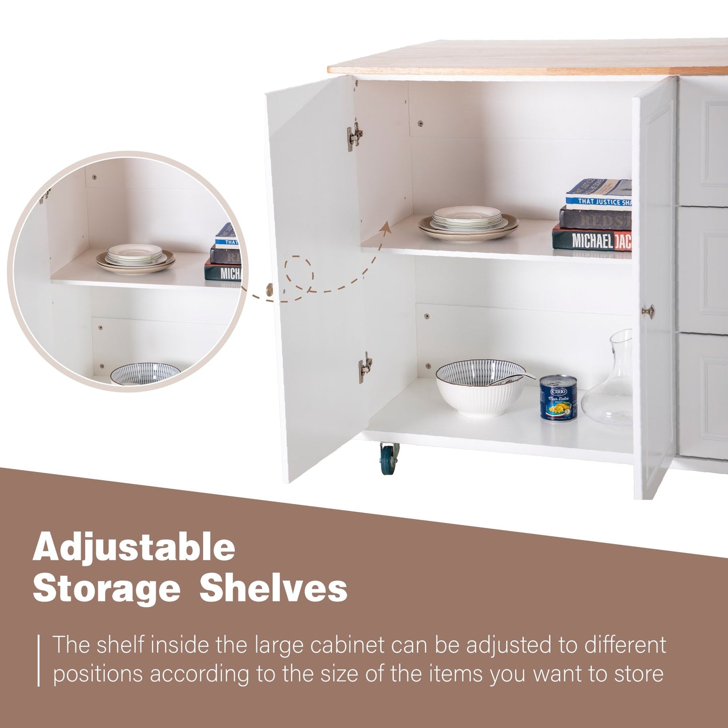 Carrello da cucina Sophia &amp; William con ribaltina e piano in legno di caucciù, carrello da cucina con ruote e ampio mobiletto portaoggetti