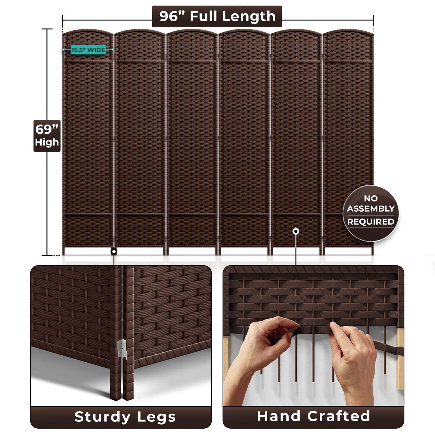 Divisorio per ambienti Sorbus a 6 pannelli, divisorio per la privacy alto, divisorio a parete pieghevole extra largo con doppia cerniera, intrecciato a mano - 6 piedi