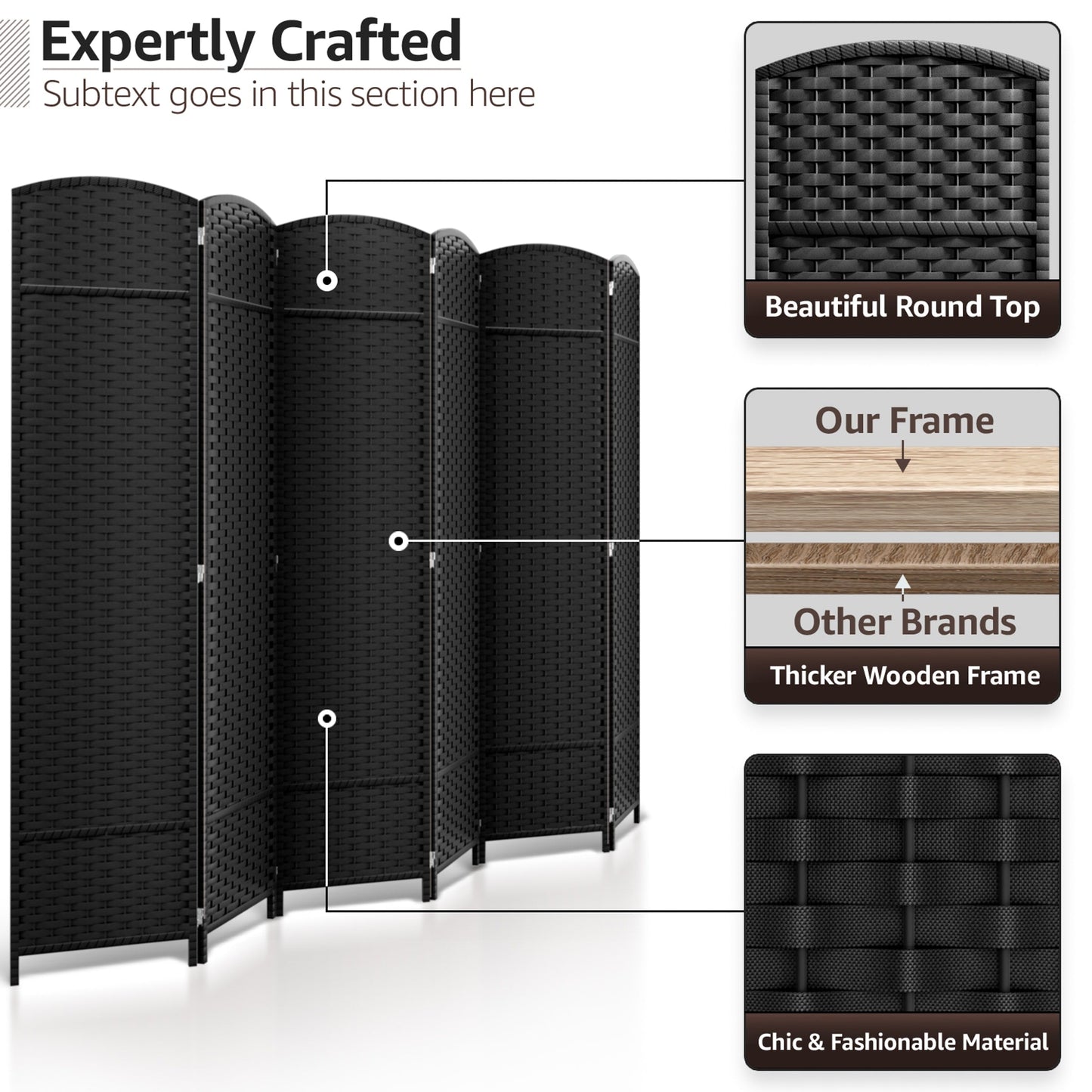 Divisorio per ambienti Sorbus a 6 pannelli, divisorio per la privacy alto, divisorio a parete pieghevole extra largo con doppia cerniera, intrecciato a mano - 6 piedi