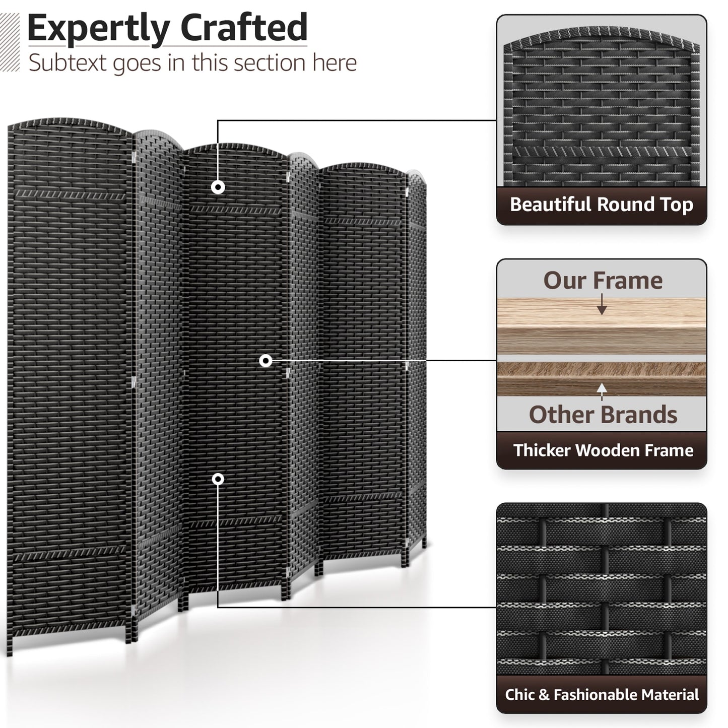 Divisorio per ambienti Sorbus a 6 pannelli, divisorio per la privacy alto, divisorio a parete pieghevole extra largo con doppia cerniera, intrecciato a mano - 6 piedi