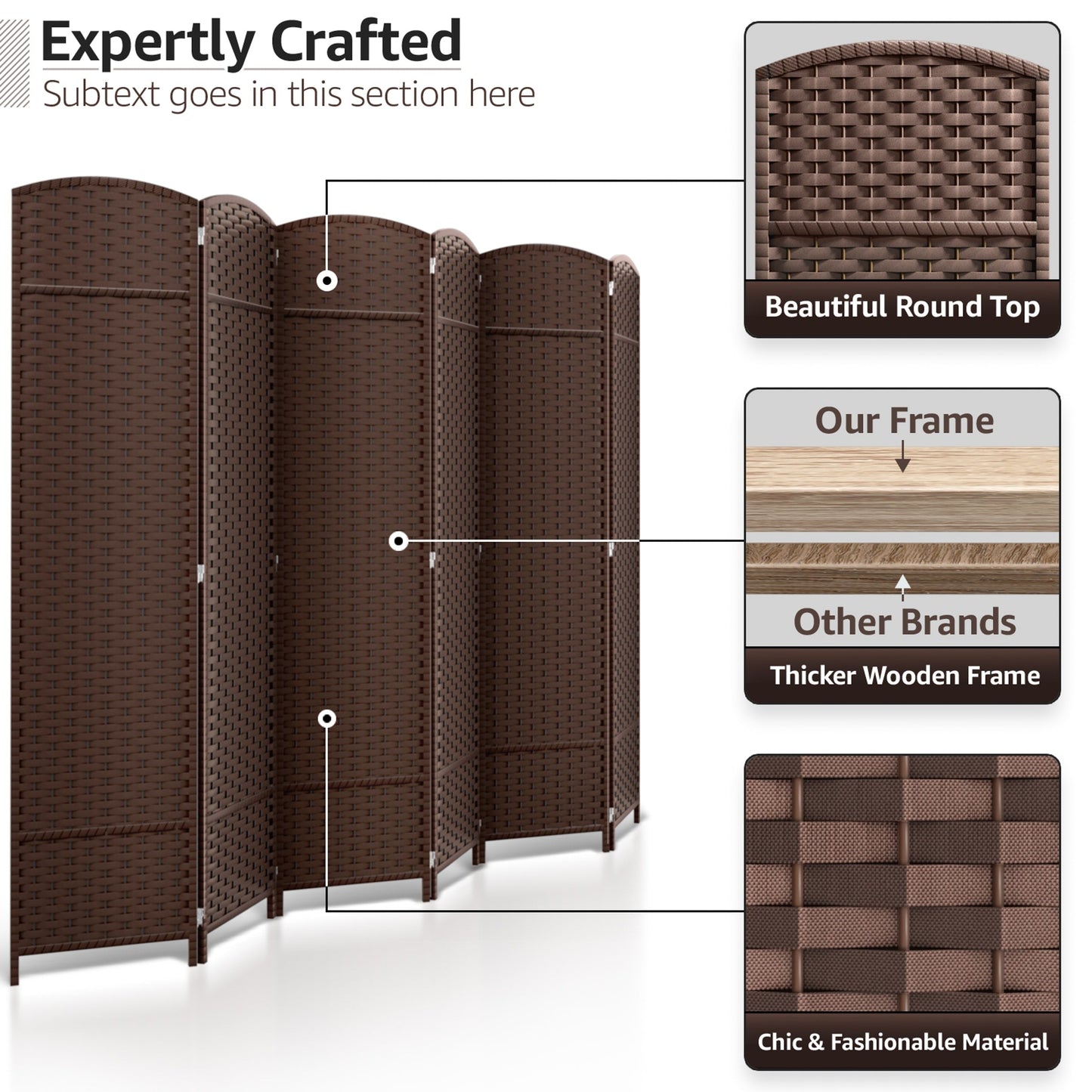 Divisorio per ambienti Sorbus a 6 pannelli, divisorio per la privacy alto, divisorio a parete pieghevole extra largo con doppia cerniera, intrecciato a mano - 6 piedi