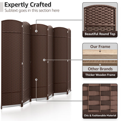 Divisorio per ambienti Sorbus a 6 pannelli, divisorio per la privacy alto, divisorio a parete pieghevole extra largo con doppia cerniera, intrecciato a mano - 6 piedi