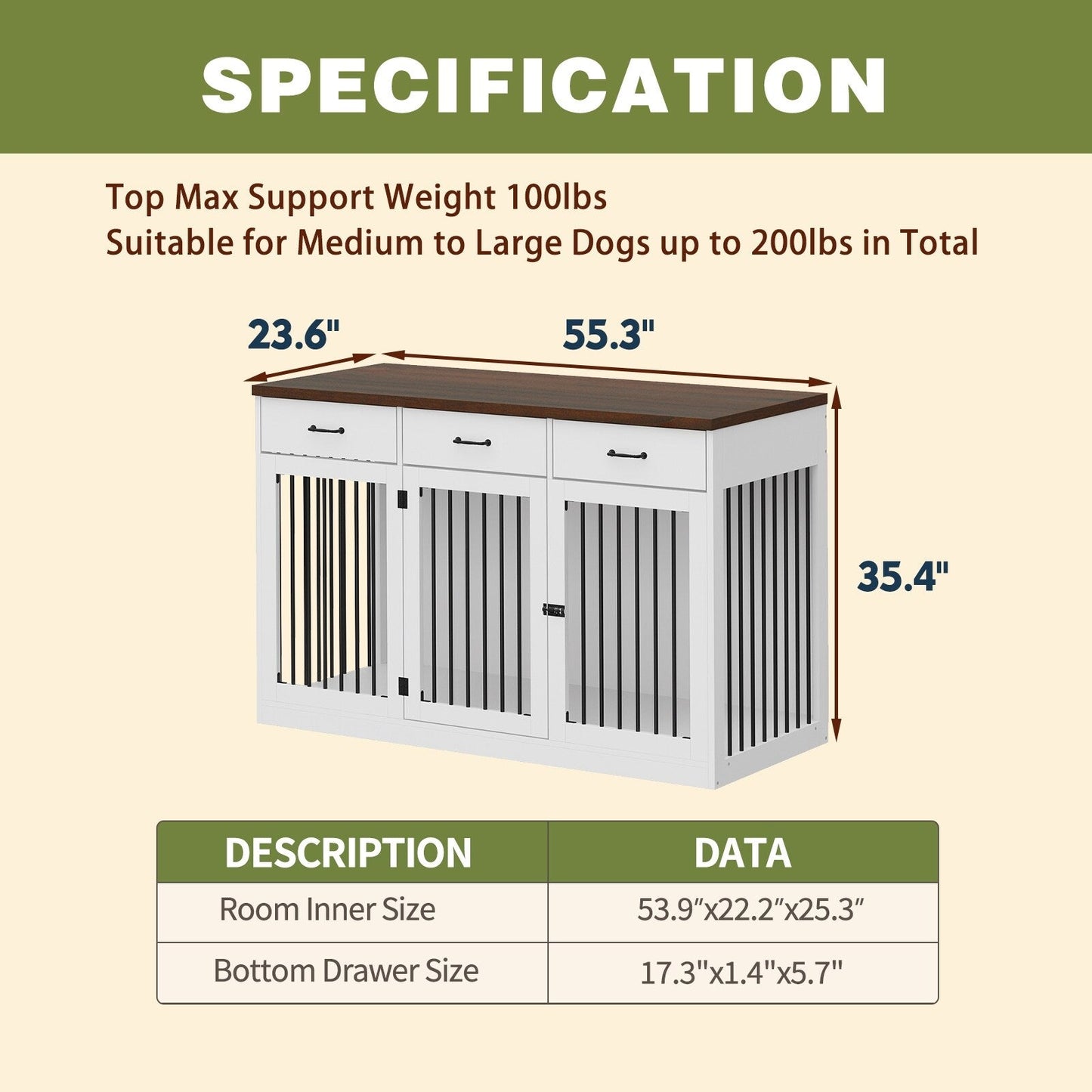 Elegante mobile in legno per cuccia per cani con contenitore, 3 cassetti