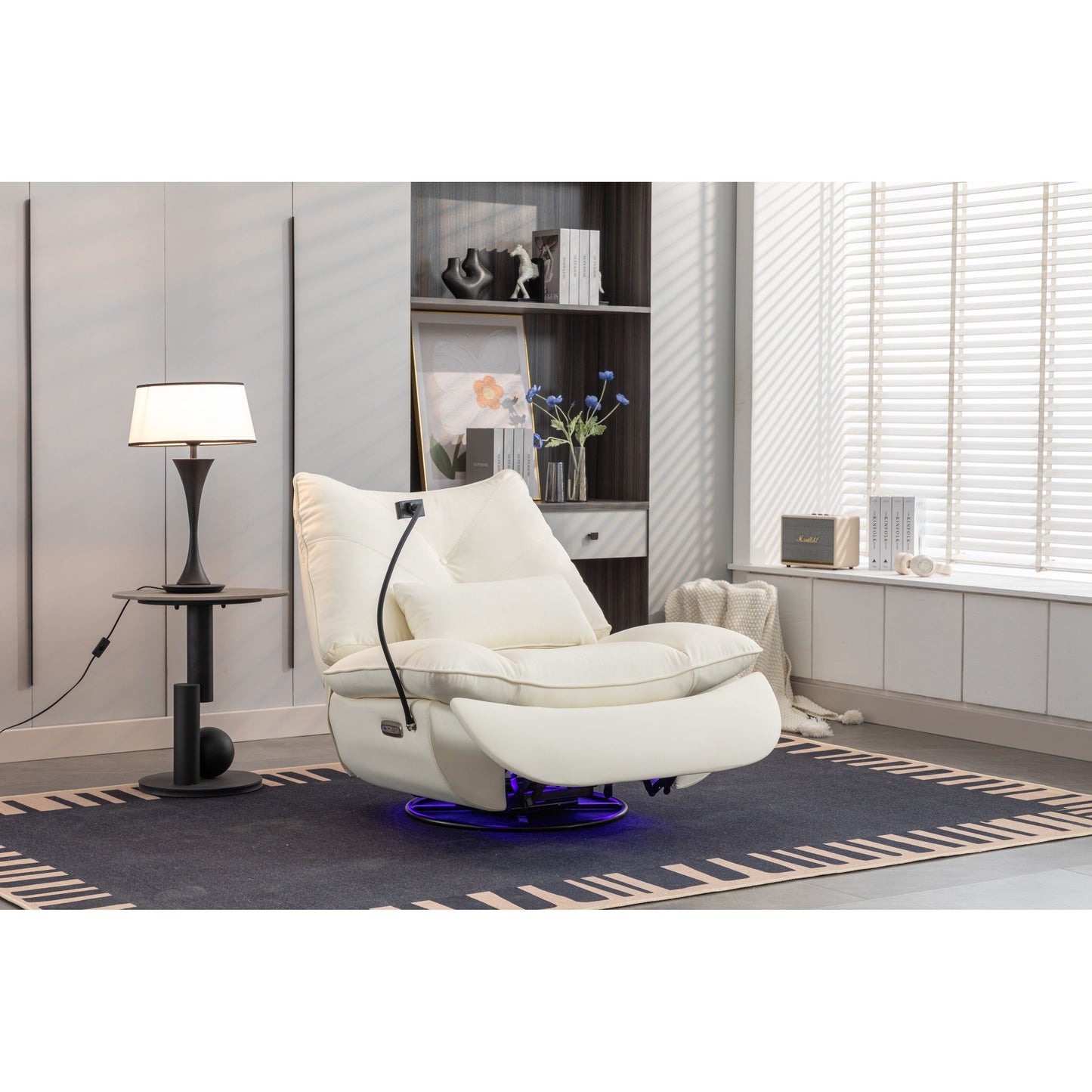 Poltrona reclinabile elettrica girevole con altoparlanti Bluetooth, supporto per telefono, porte di ricarica USB e Type-C, vano portaoggetti nascosto nel bracciolo