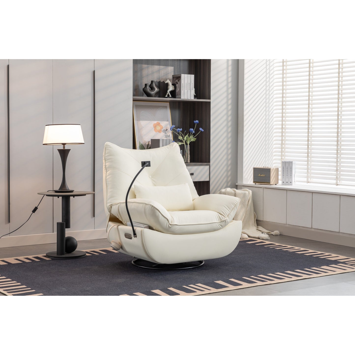 Poltrona reclinabile elettrica girevole con altoparlanti Bluetooth, supporto per telefono, porte di ricarica USB e Type-C, vano portaoggetti nascosto nel bracciolo