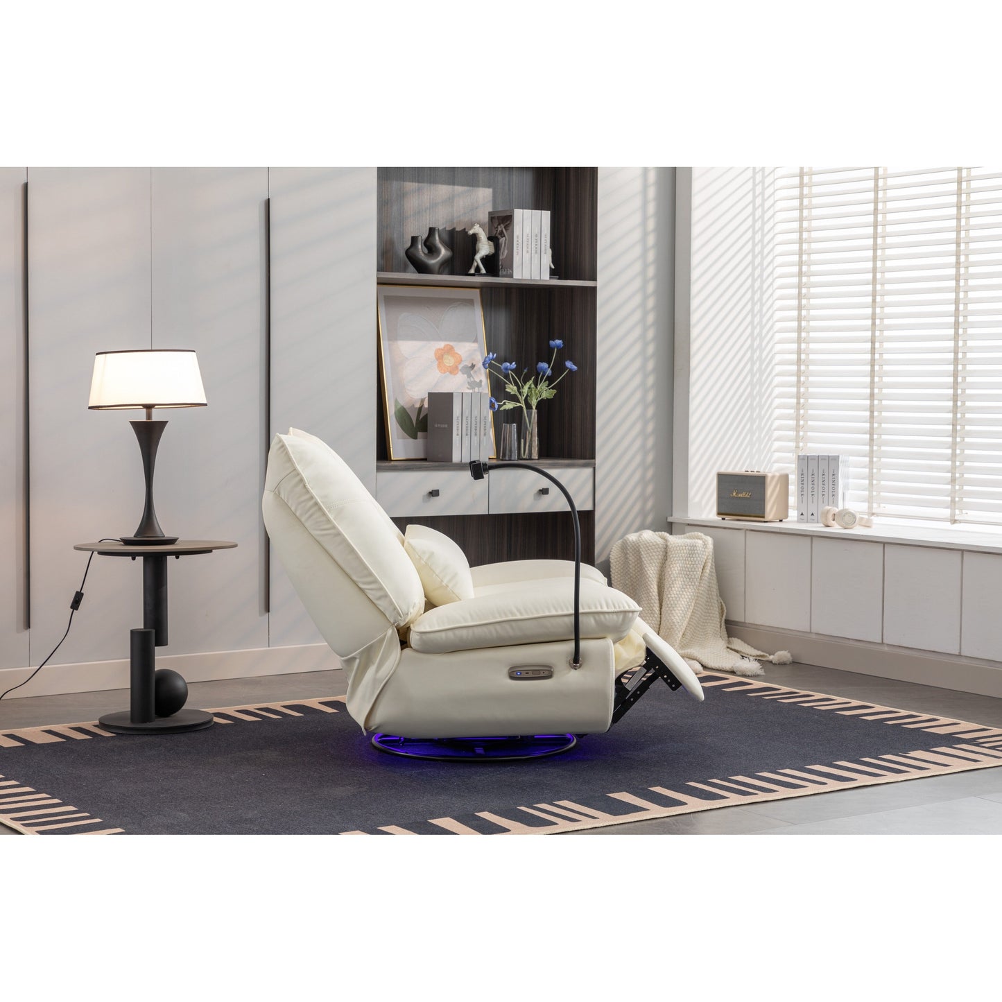 Poltrona reclinabile elettrica girevole con altoparlanti Bluetooth, supporto per telefono, porte di ricarica USB e Type-C, vano portaoggetti nascosto nel bracciolo