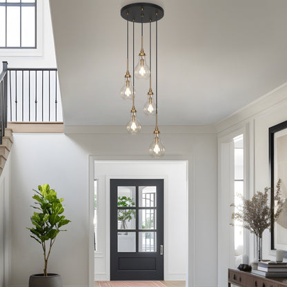 Lampadario moderno a goccia in vetro Synia a 5 luci per ingresso, scale e soffitti alti - D15'' x H18,2-74,2''