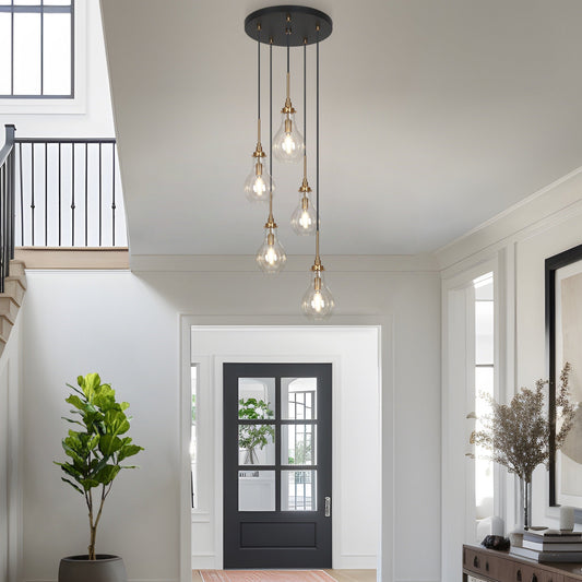 Lampadario moderno a goccia in vetro Synia a 5 luci per ingresso, scale e soffitti alti - D15'' x H18,2-74,2''