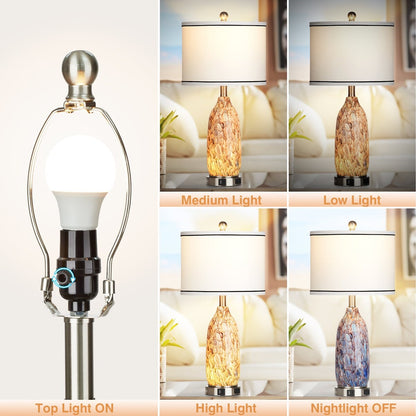 Lampada da tavolo con luce notturna 2 in 1, corpo lampada in vetro indaco, porte di ricarica, presa CA, paralume a tamburo, interruttore dimmer touch (set da 2)