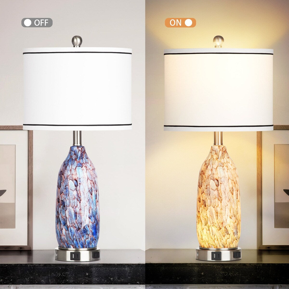 Lampada da tavolo con luce notturna 2 in 1, corpo lampada in vetro indaco, porte di ricarica, presa CA, paralume a tamburo, interruttore dimmer touch (set da 2)